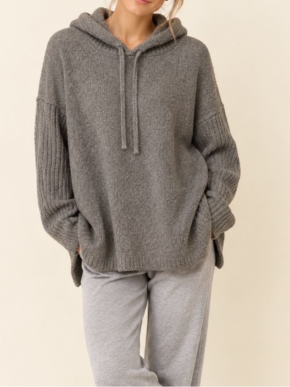 PureJill J Jill Grey Plush Cozy Hooded Knit Sweater Large